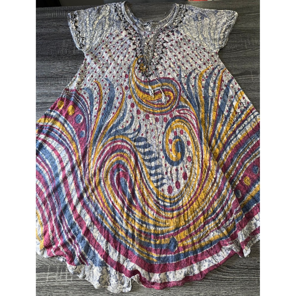 AB Paisley Tunic Dress Boho Hippie Lace Up Embroidered Flowy Summer